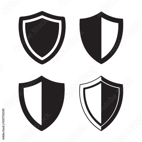 Shield icon set in silhouette vintage style. Protect shield security line icons, sign, logo or emblem on white background