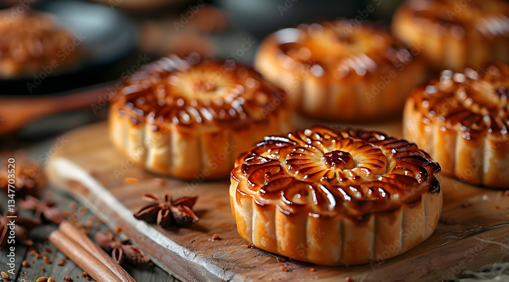 Golden Brown Mooncakes On Wooden Board With Spices