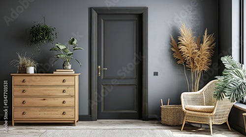 Modern Interior Design: Elegant Gray Room with Wooden Chest, Rattan Chair, and Plants