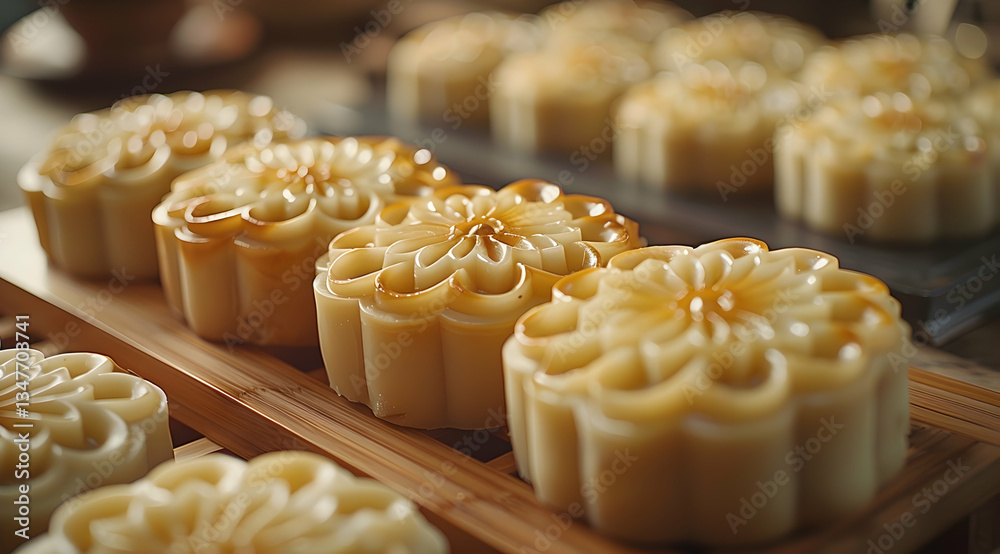 Golden Floral Mooncakes Displayed On Wooden Tray