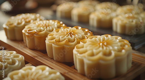 Obraz na płótnie Golden Floral Mooncakes Displayed On Wooden Tray w salonie