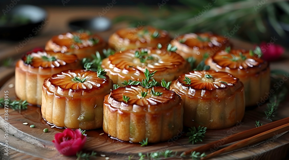Golden Glazed Mooncakes On Wooden Tray