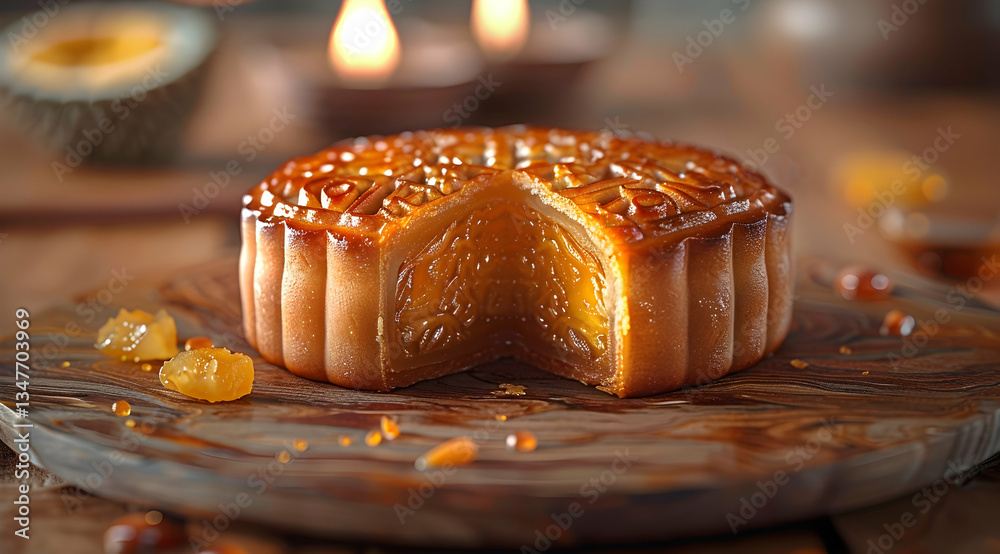 Golden Mid Autumn Mooncake On Wooden Board With Candles
