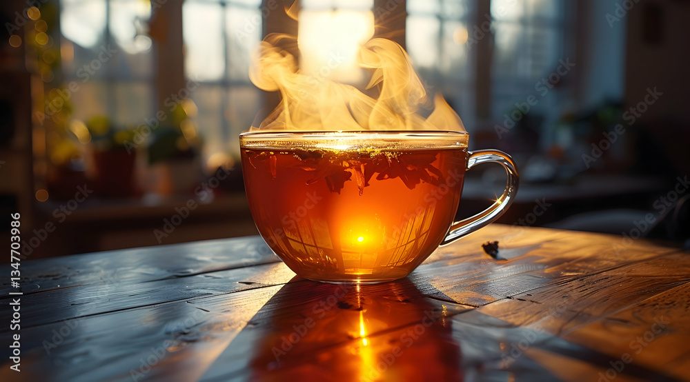 Golden Light Illuminates Steam Rising From A Glass Tea Cup On Wooden Table