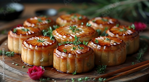 Golden Glazed Mooncakes On Wooden Tray