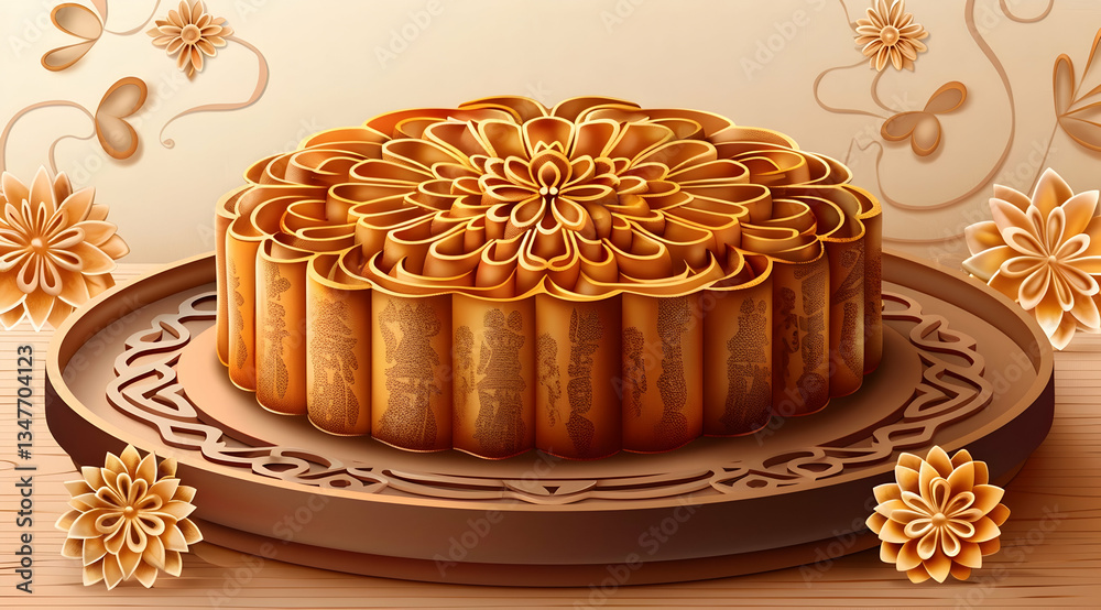 Golden Mooncake On Wooden Plate With Floral Pattern