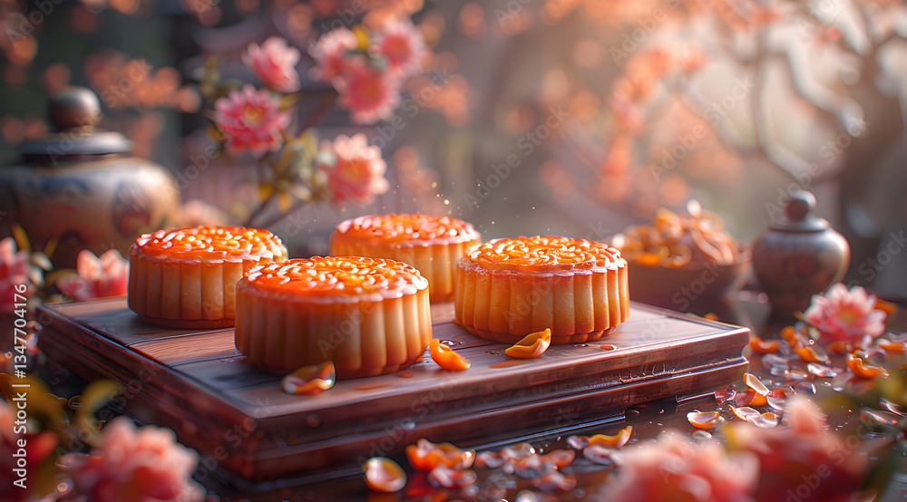 Golden Mooncakes Displayed With Pink Flowers On Wooden Tray