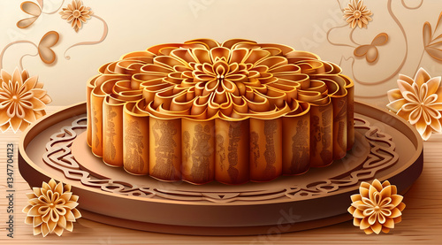 Golden Mooncake On Wooden Plate With Floral Pattern