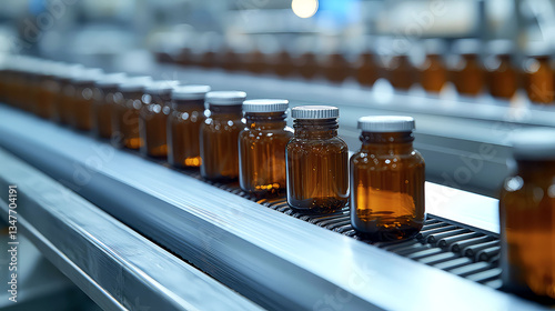 Pharmaceutical Production Line: Conveyor Belt with Medicine Bottles