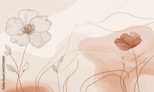 Elegant Minimalist Floral Vector with Golden Line Art and Watercolor Background