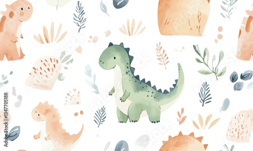 Adorable Watercolor Baby Dinosaur Seamless Pattern for Kids in Minimalist Vector Style