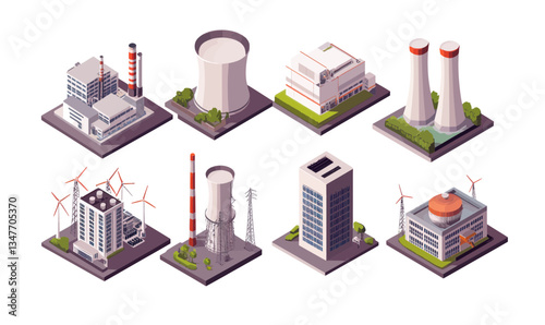 Isometric Industrial Energy Complex: Power Plants, Nuclear, Renewable Stations in Vector Art