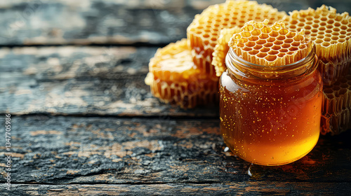 Sweet Honeycomb in Jar on Rustic Wooden Table: Delicious and Healthy