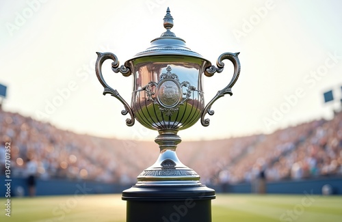 Close-up of US Open trophy cup on court before game. Silver champion award on stadium with spectator crowd blurred background. Success in championship, sportsmanship, victory, determination concept.