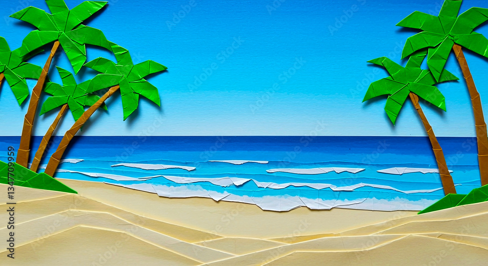 Obraz premium Minimalistic and vibrant origami landscape of a tropical beach, great for holiday travel or vacation industry background or banner