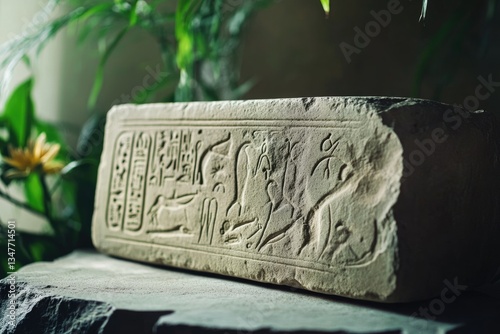 Ancient Egyptian stone block with hieroglyphs and animal carvings, possibly a funerary offering.