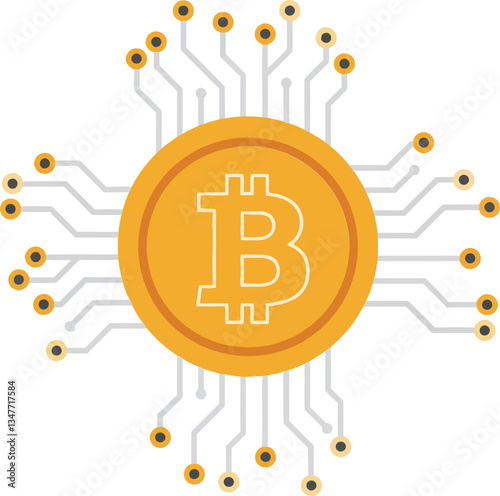 Bitcoin coin surrounded by circuit lines in a minimalistic flat design representing digital currency and technology in vector art