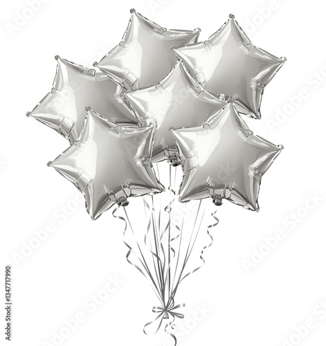 
Silver star balloons bunch. Silver star balloon on the transparent background for party and celebration, foil balloon,  birthday, PNG