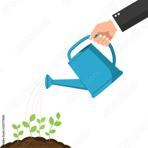 Hand holding a blue watering can pouring water on vibrant green seedlings in flat vector art