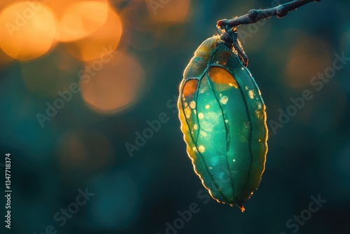 A translucent chrysalis hangs from a branch, illuminated by golden sunlight, showcasing intricate details and vibrant colors.