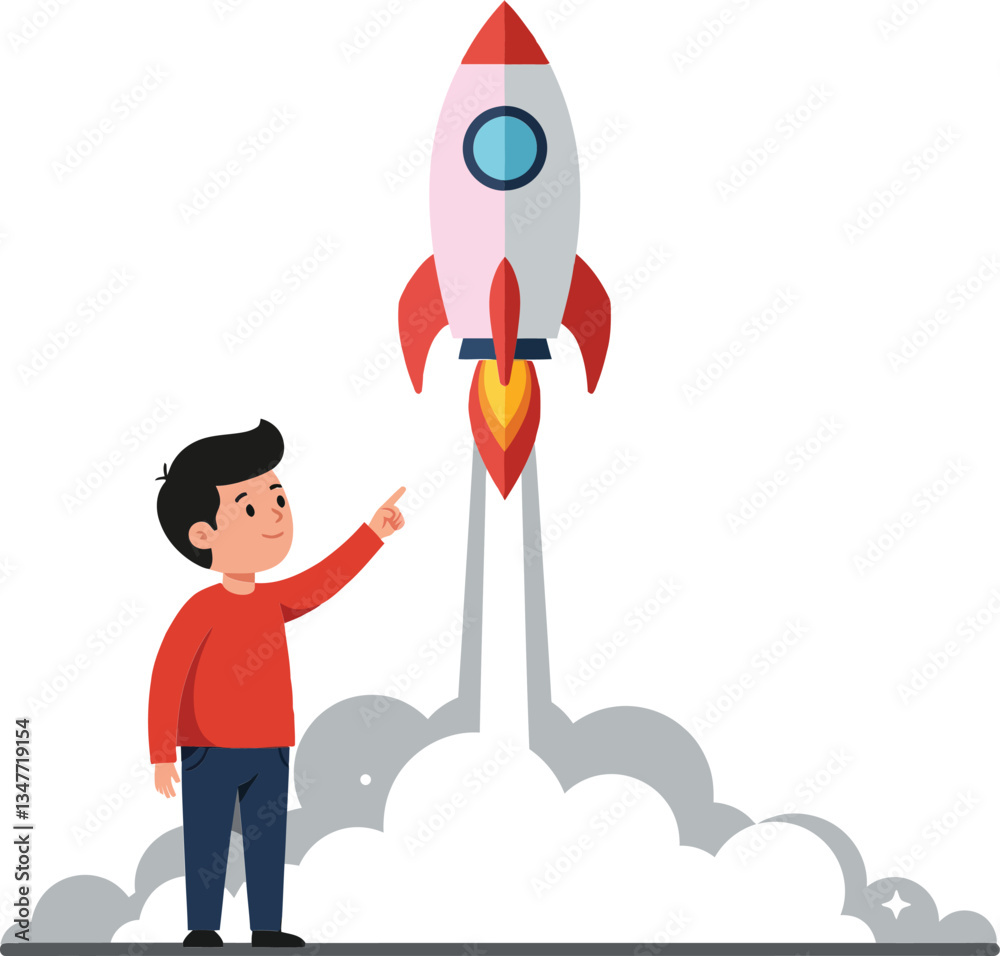 A young boy in a red sweater points excitedly at a colorful rocket launching into the sky in a flat vector illustration