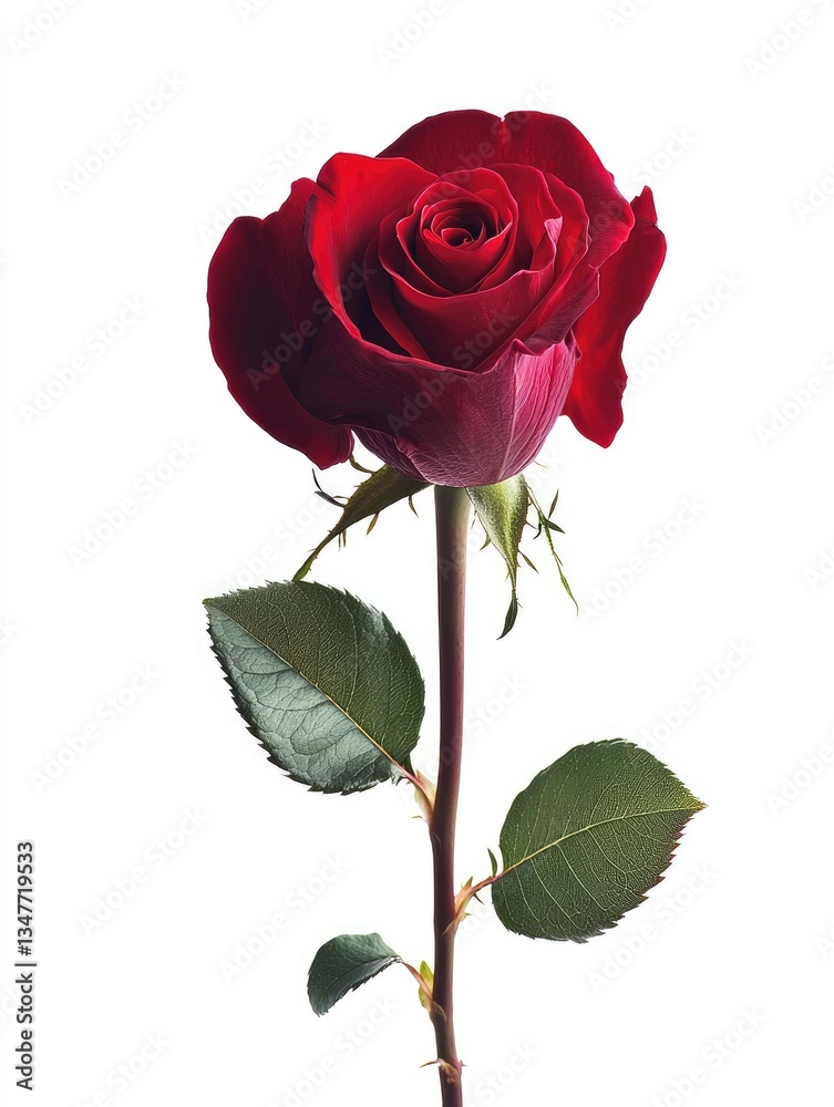 Naklejka premium A vibrant red rose flower displays its beauty on white background