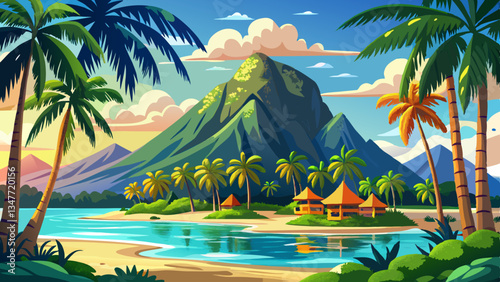 Le Morne Brabant mountain with coconut palm trees on the south of Mauritius island. Tropical destinations.