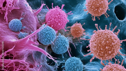 Microscopic View of Cancer Cells and Immune Response