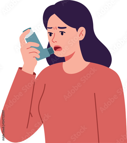 Concerned woman holding an inhaler with a worried expression in flat vector illustration style representing health and wellness issues in a minimalistic design vector art