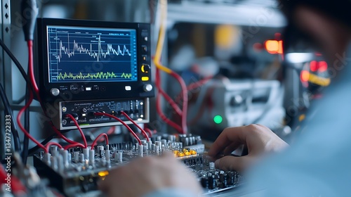 Engineer analyzes signal data with a digital oscilloscope in a technology lab during a project review