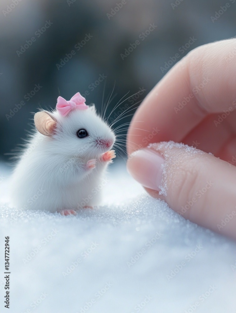 Cute white mouse with pink bow in snow, hand reaching out
