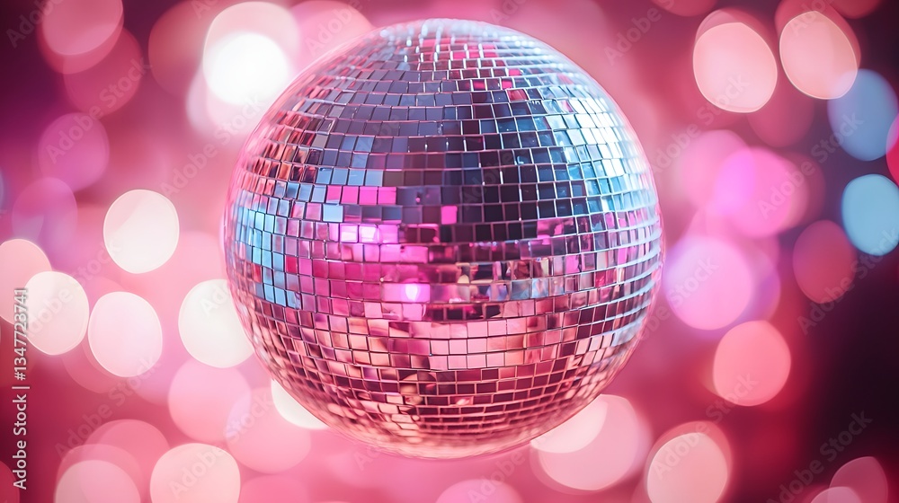 Fototapeta premium Shimmering Disco Ball Reflecting Light in Vibrant Background Bokeh