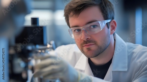 Factory worker wearing safety gear conducts precise tasks in a cleanroom environment while maintaining high standards of cleanliness and safety during the manufacturing process
