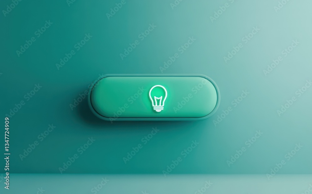 Green button, lightbulb idea, teal background, innovation concept Green button, lightbulb idea, teal background, innovation concept
