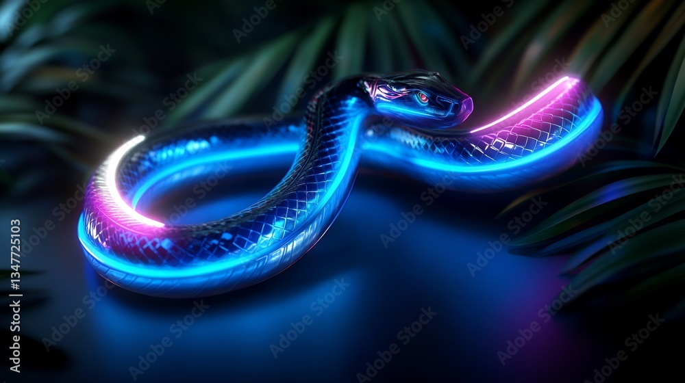 Fototapeta premium Neon Serpent in Tropical Paradise: A Digital Art Masterpiece