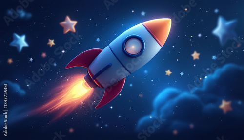 Fototapeta Naklejka Na Ścianę i Meble -  A cartoon rocket ship flying through the starry night sky