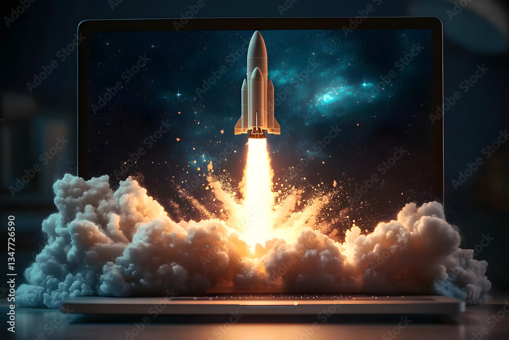 Fototapeta premium Launching Space Rocket From Laptop Screen. Generative AI