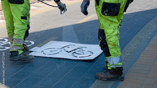 Workers in paint-stained overalls renew the marking of the bicycle path in the spring with the help of a stencil and a spray bottle