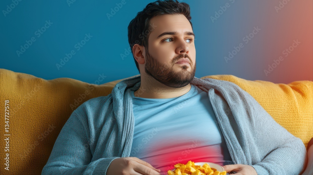 Overweight Man Sitting on Couch Embracing a Sedentary Lifestyle While Eating Snacks Overweight Man Sitting on Couch Embracing a Sedentary Lifestyle While Eating Snacks