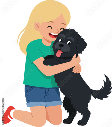 A cheerful girl in a green shirt joyfully hugs her playful black dog in flat vector illustration