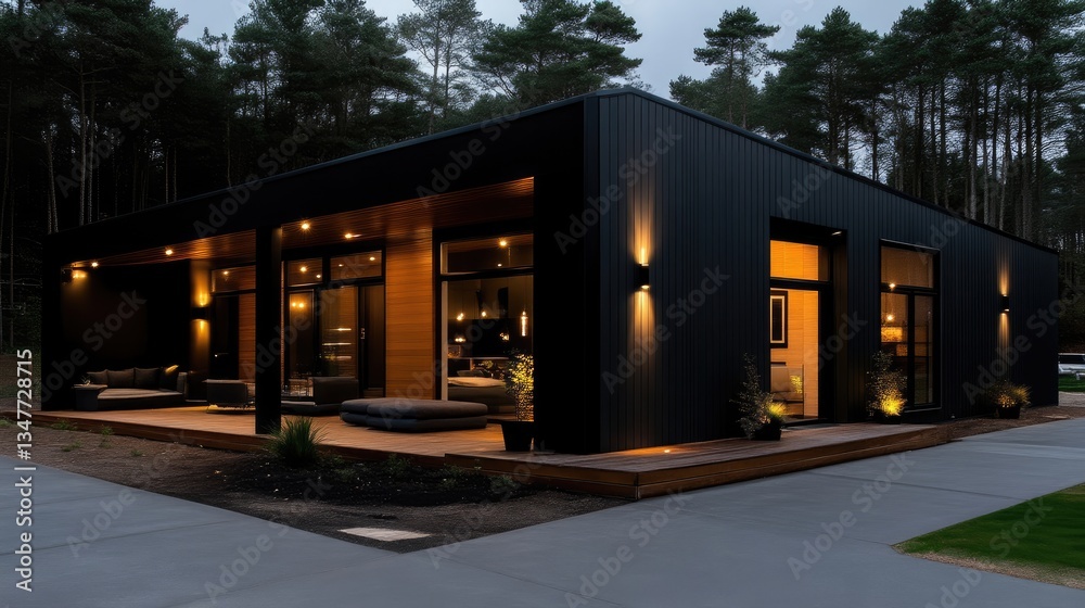 Obraz premium Modern, dark-exterior home nestled in a wooded area. Spacious, contemporary design with outdoor living space