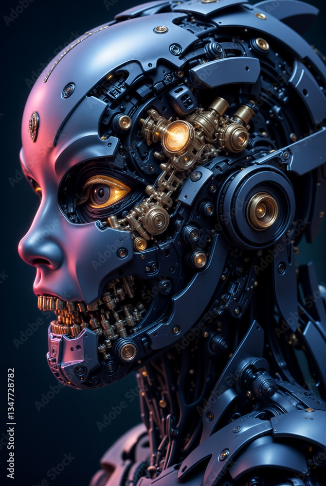 Fototapeta premium a futuristic, mechanical humanoid figure with a detailed, intricate design, featuring exposed mechanical components and glowing elements. The figure has a metallic, cybernetic appear