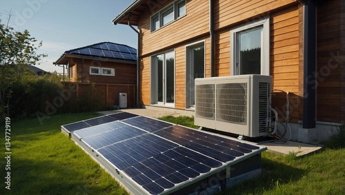 Energy-efficient house with a heat pump and solar panels.
