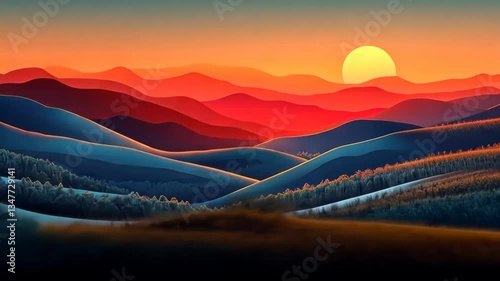 Sunset over Rolling Hills: A Serene Mountain Landscape