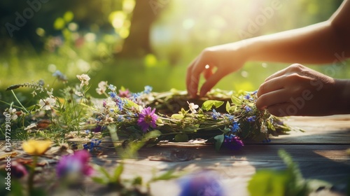 Woman Hands crafting a floral wreath from wildflowers. Summer Solstice Holiday.