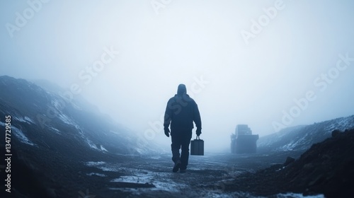 A solitary worker trudges through fog-laden terrain at a quarry site, carrying a toolbox