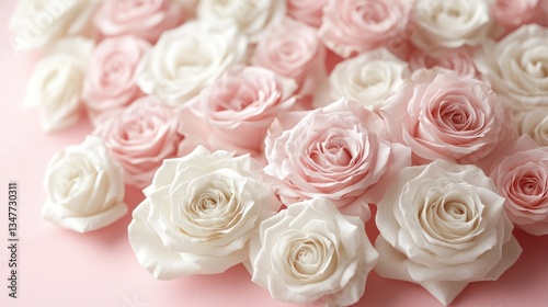 Delicate pink and white roses on a pastel background