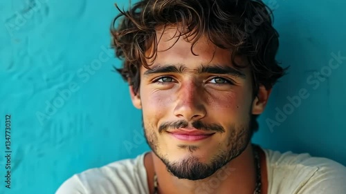 Portrait of a Handsome Young Man with Curly Hair