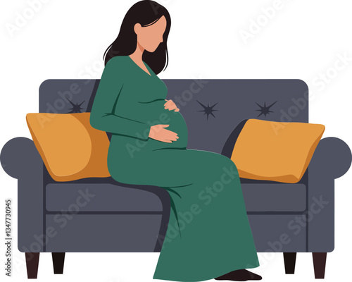 A pregnant woman in a green dress sitting on a grey couch with orange pillows, showcasing a calm and serene atmosphere in flat vector art