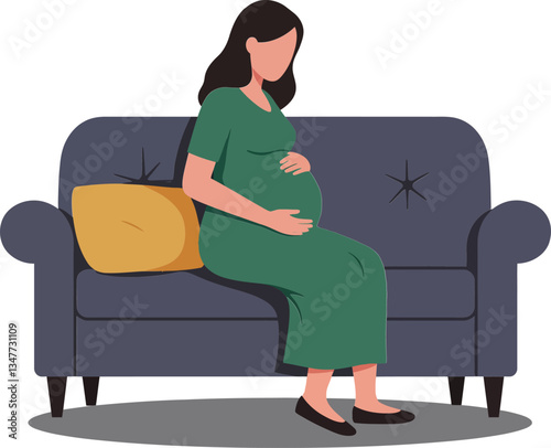 Pregnant woman sitting on a dark couch with a yellow cushion in a minimal flat vector illustration